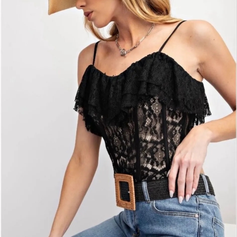 Easel Elegant Black Lace Ruffle Corset Top